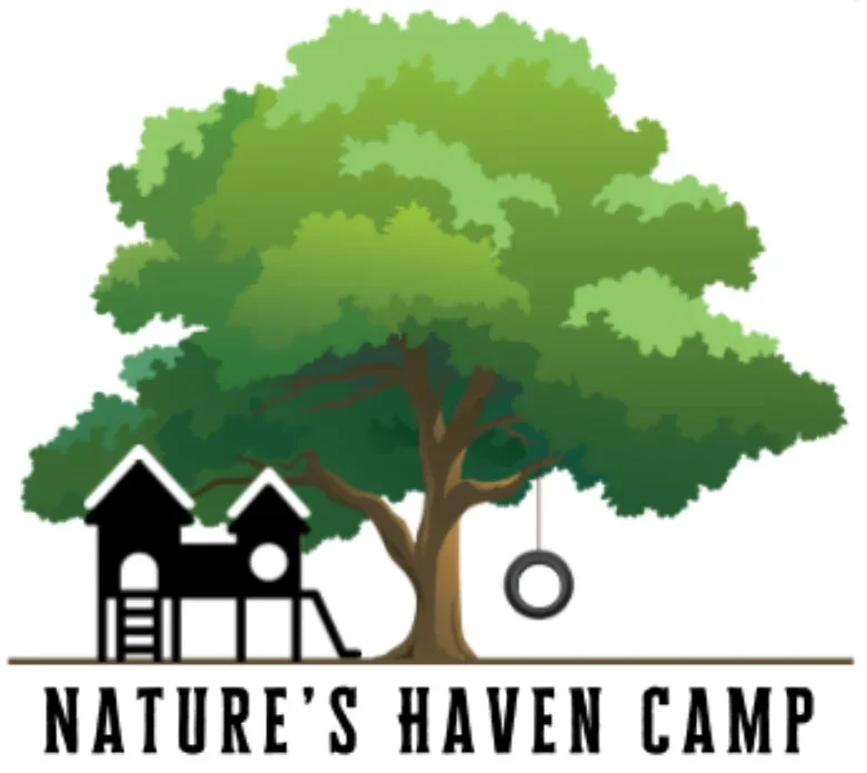 Nature's Haven Camp logo: a large oak with a tire swing beside a play fort