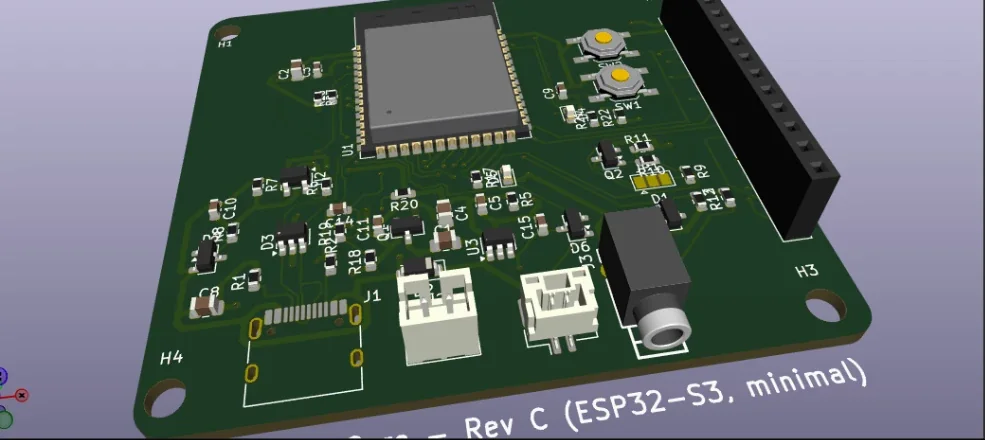 The Rev C board rendered in KiCad's 3D viewer