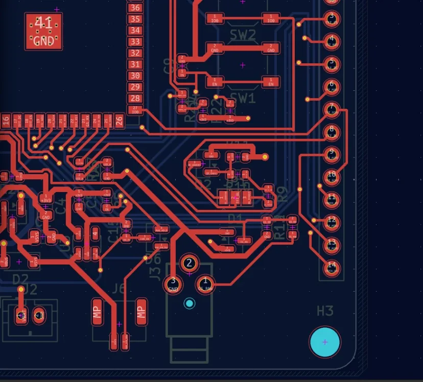 The routed copper in KiCad's PCB editor