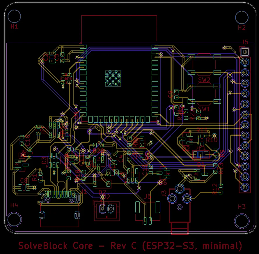 The routed board in wireframe, both copper layers